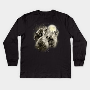 Three Wolves Howling in Moonlight Kids Long Sleeve T-Shirt